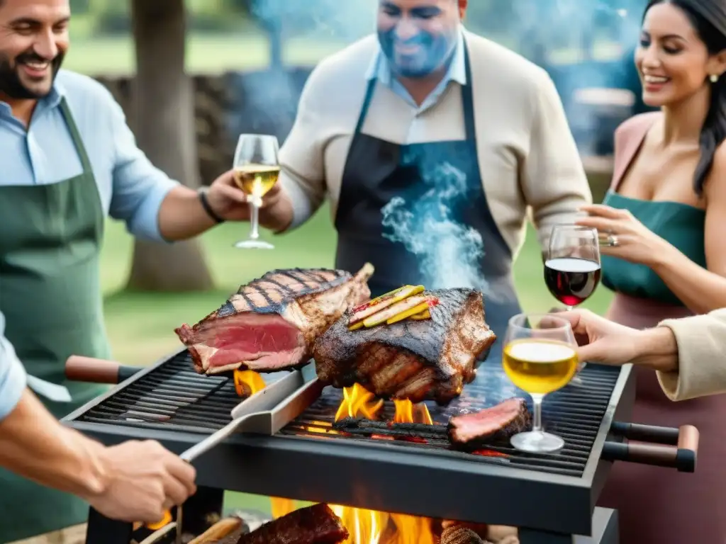 Escena de asado uruguayo al aire libre con técnicas de asado uruguayo, asador experto y grupo disfrutando