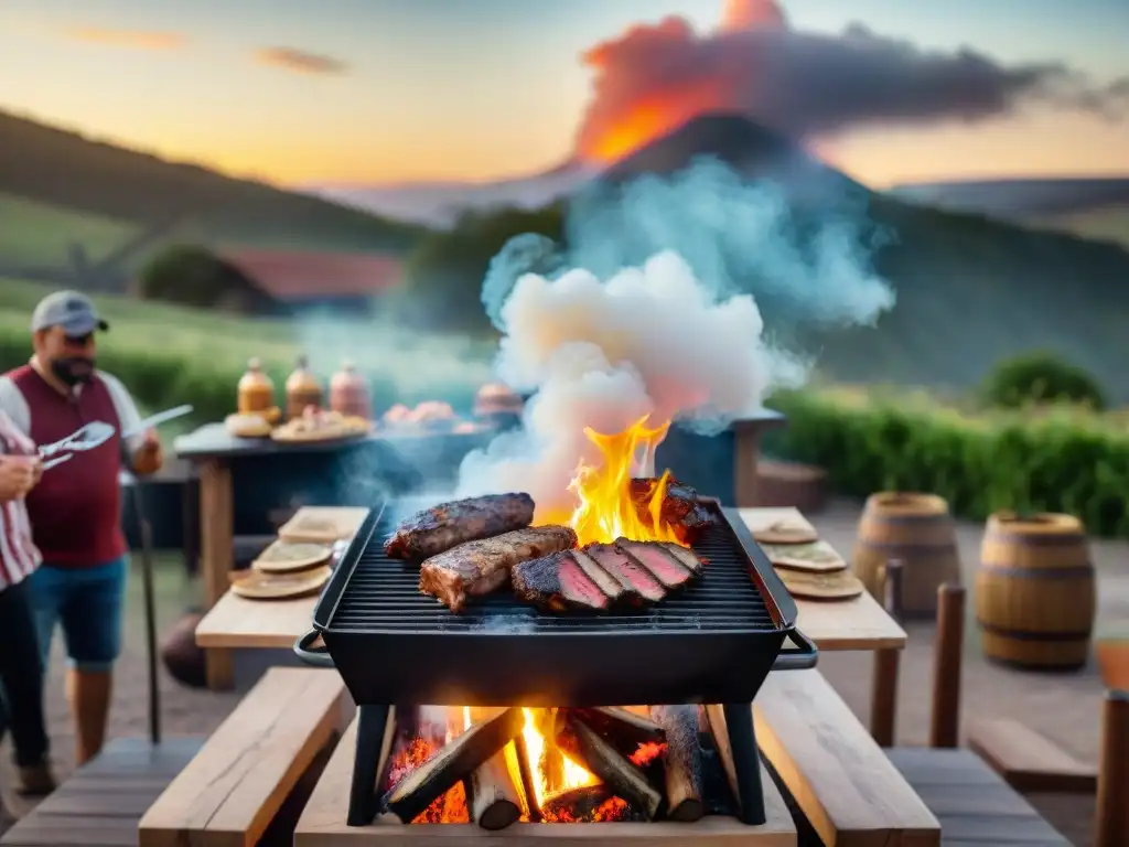 Escena de asado uruguayo con amigos alrededor de la parrilla, mesas rústicas y atardecer cálido