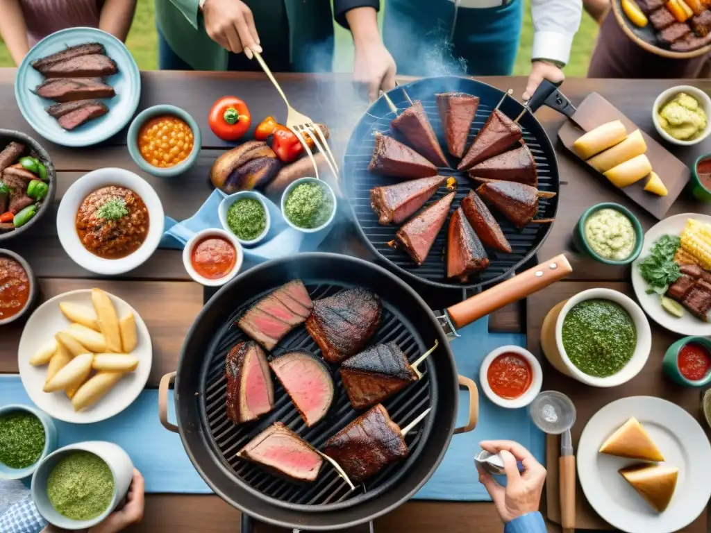 Una escena de asado uruguayo con amigos y familia disfrutando de salsas tradicionales como chimichurri y salsa criolla