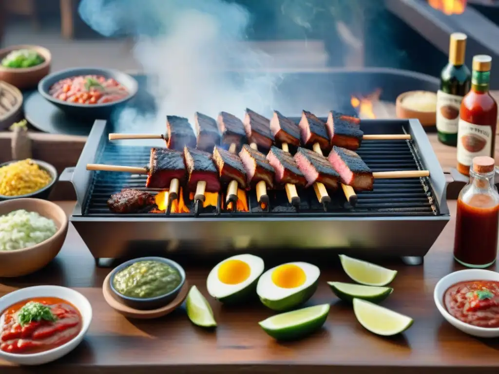 Una escena de asado uruguayo con amigos disfrutando, salsas premium y caseras en contraste