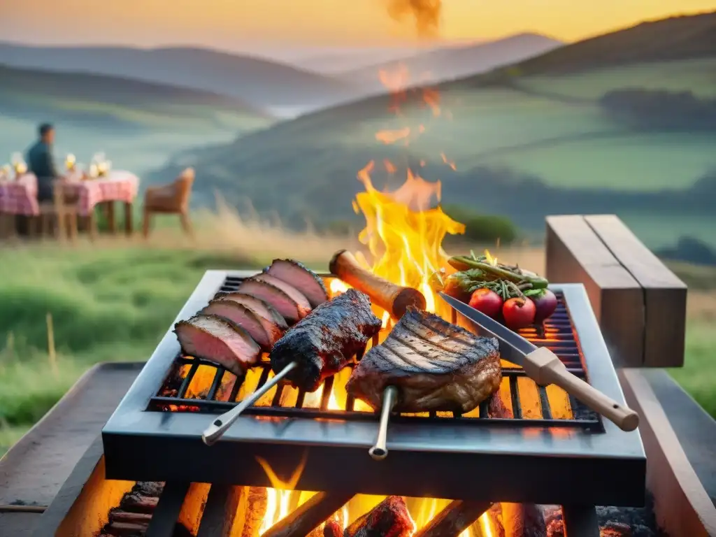 Una escena de asado uruguayo con amigos disfrutando de técnicas de asado uruguayas en un entorno campestre al atardecer