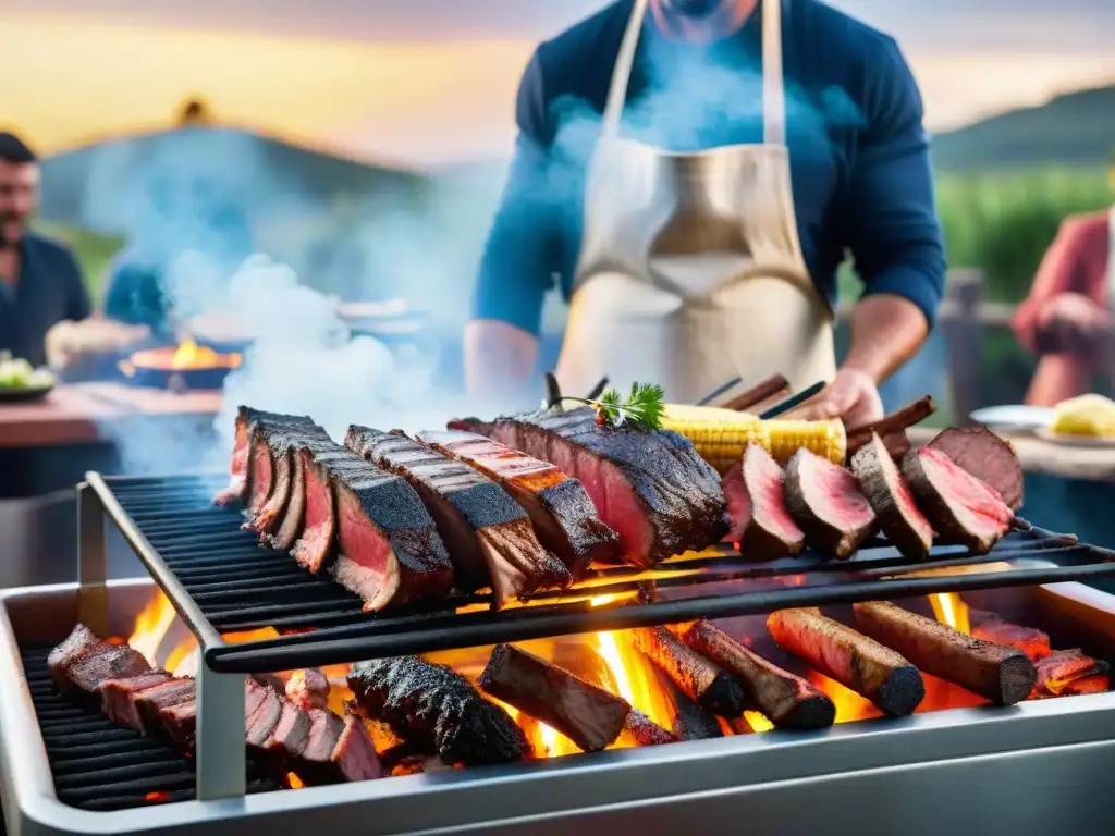 Una escena de asado uruguayo con amigos y familia disfrutando del momento en un entorno rústico y soleado