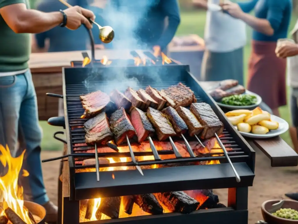 Escena de asado uruguayo: amigos compartiendo mate alrededor de la parrilla, con el sol dorado