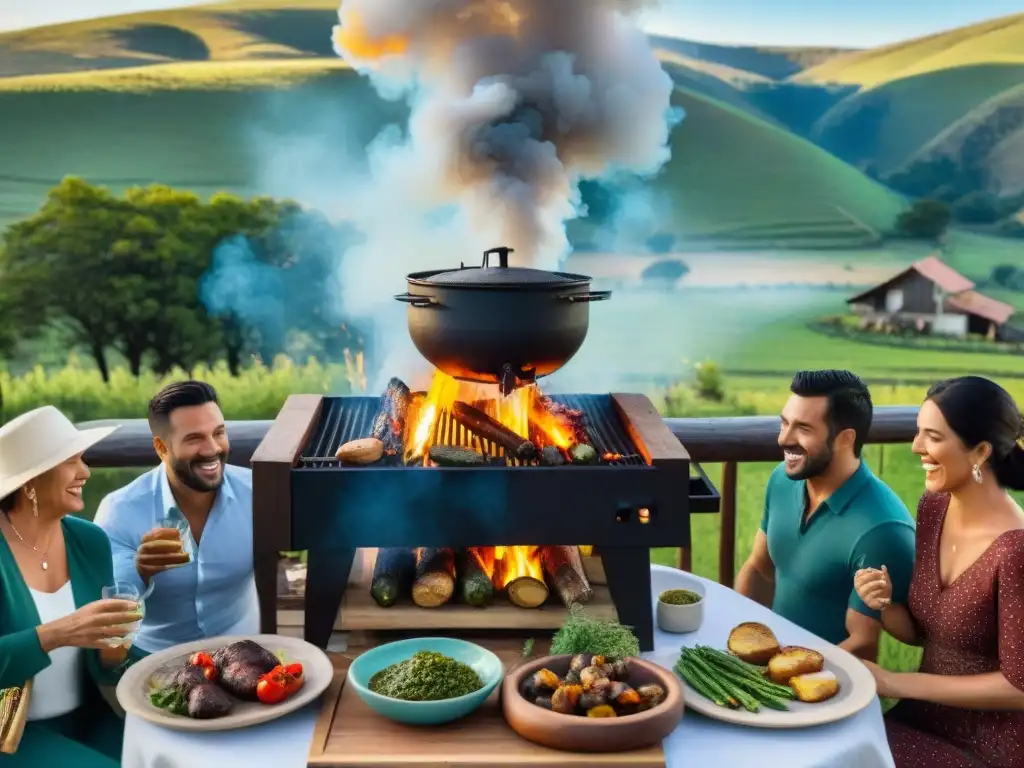 Una escena de asado uruguayo con amigos y familia en un campo verde, destacando los eventos de asado emblemáticos Uruguay