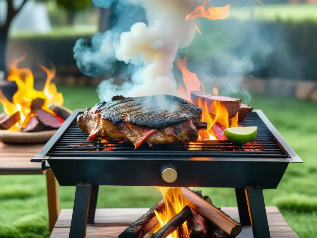 Escena de asado uruguayo con amigos y familia disfrutando una parrillada perfecta al aire libre