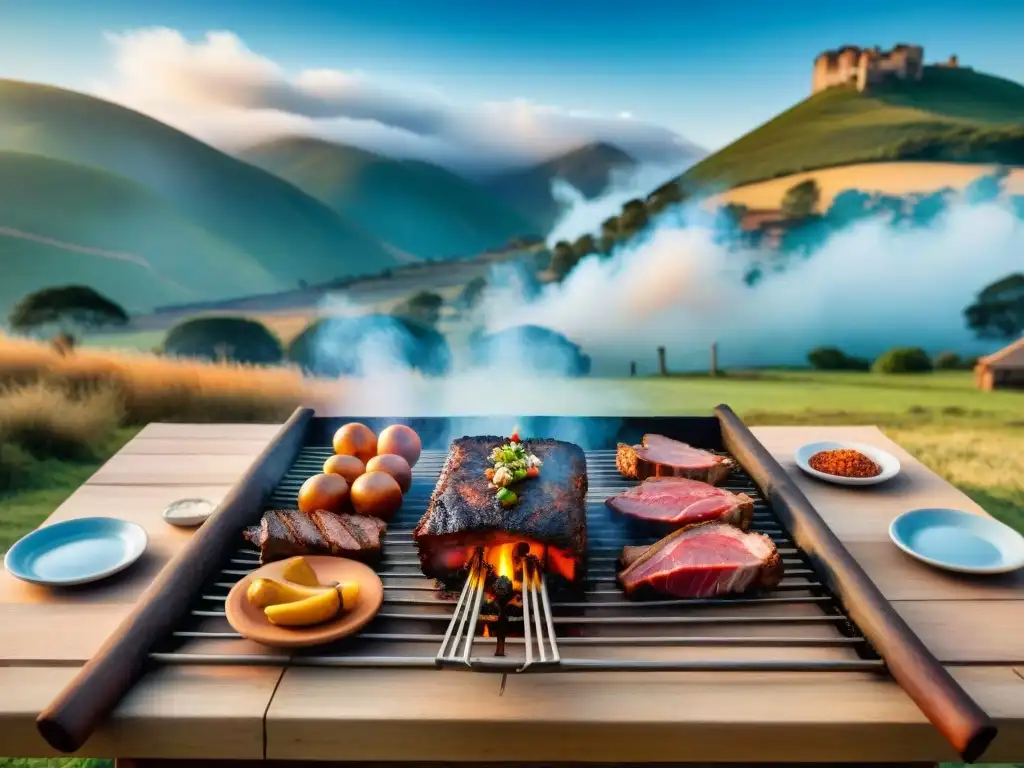 Escena de asado uruguayo con amigos y carne marinada listos para cocinar sobre brasas, en un paisaje campestre