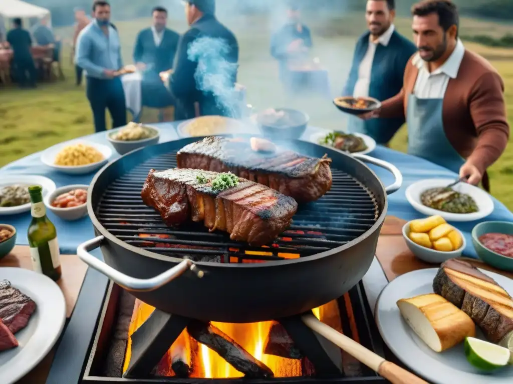 Escena de asado uruguayo con amigos y familia, ambiente cálido y tradicional