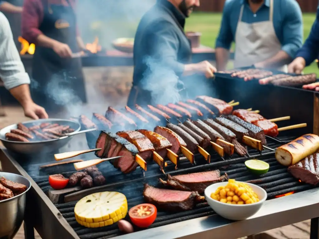 Una escena de asado uruguayo con amigos alrededor de la parrilla, disfrutando de la calidez y los Secretos del asado uruguayo