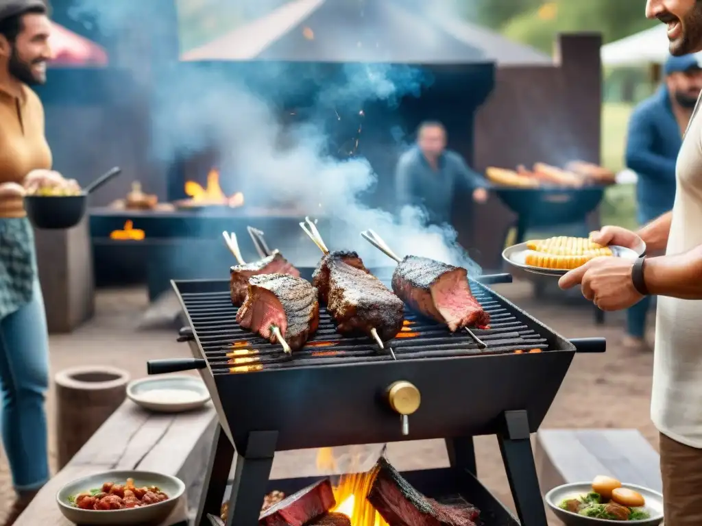 'Escena de asado uruguayo: amigos en torno a la parrilla, carne jugosa y risas