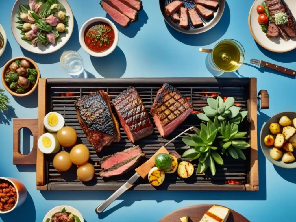 Una escena de asado uruguayo con amigos disfrutando de vinos uruguayos jóvenes, ideal para compartir