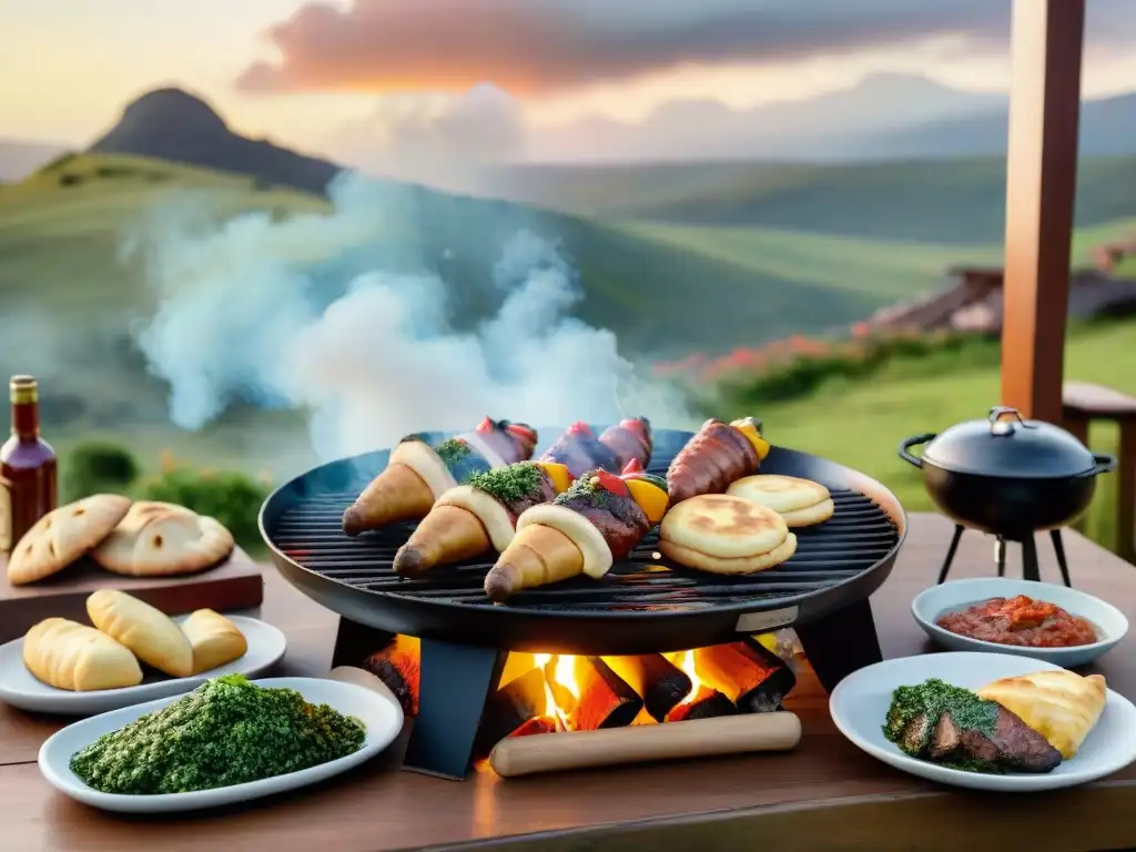 Una escena de asado uruguayo con amigos disfrutando de una deliciosa parrillada bajo la cálida luz del atardecer, estrategias de éxito asado uruguayo