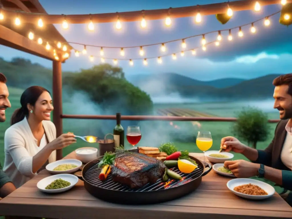 Una escena de asado uruguayo con amigos y familia disfrutando juntos alrededor de una mesa, con delicias típicas y luces cálidas