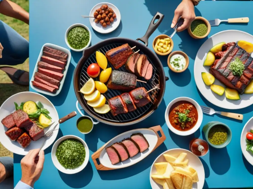 Escena de asado uruguayo con amigos y familia disfrutando de la tradición del asado uruguayo al aire libre