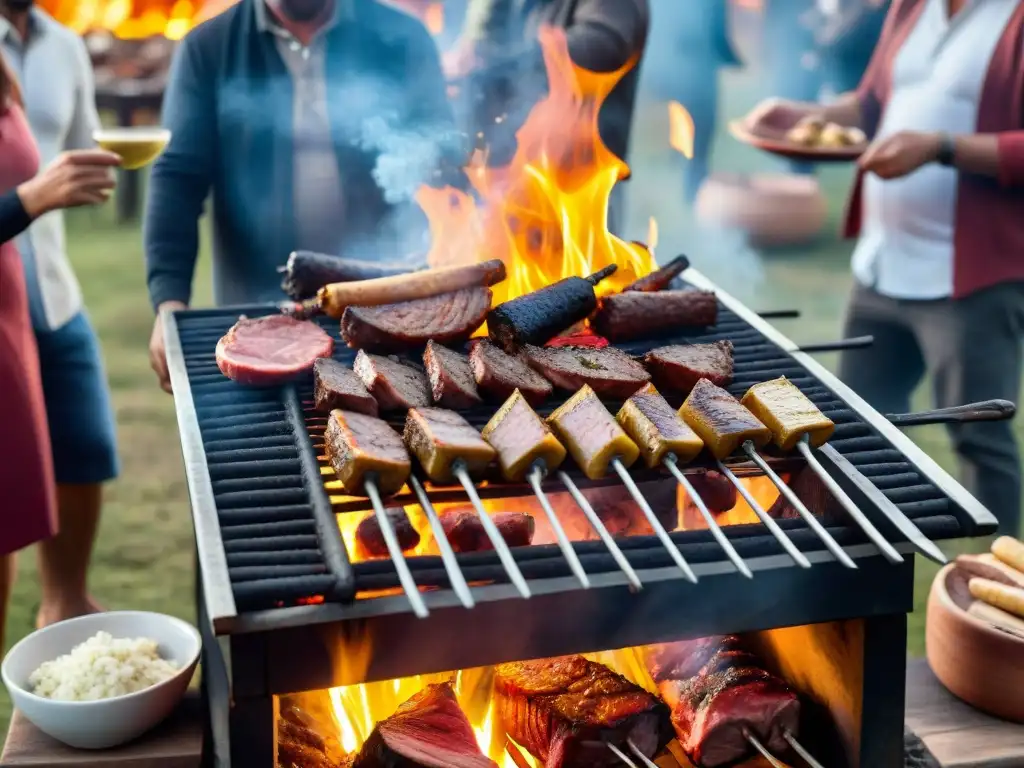 Una escena de asado uruguayo: amigos y familia alrededor de la parrilla con carnes asadas, risas y alegría