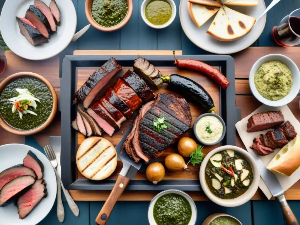 Una escena de la tradición del asado uruguayo: amigos y familia disfrutando de una parrillada al aire libre con variedad de carnes y chimichurri