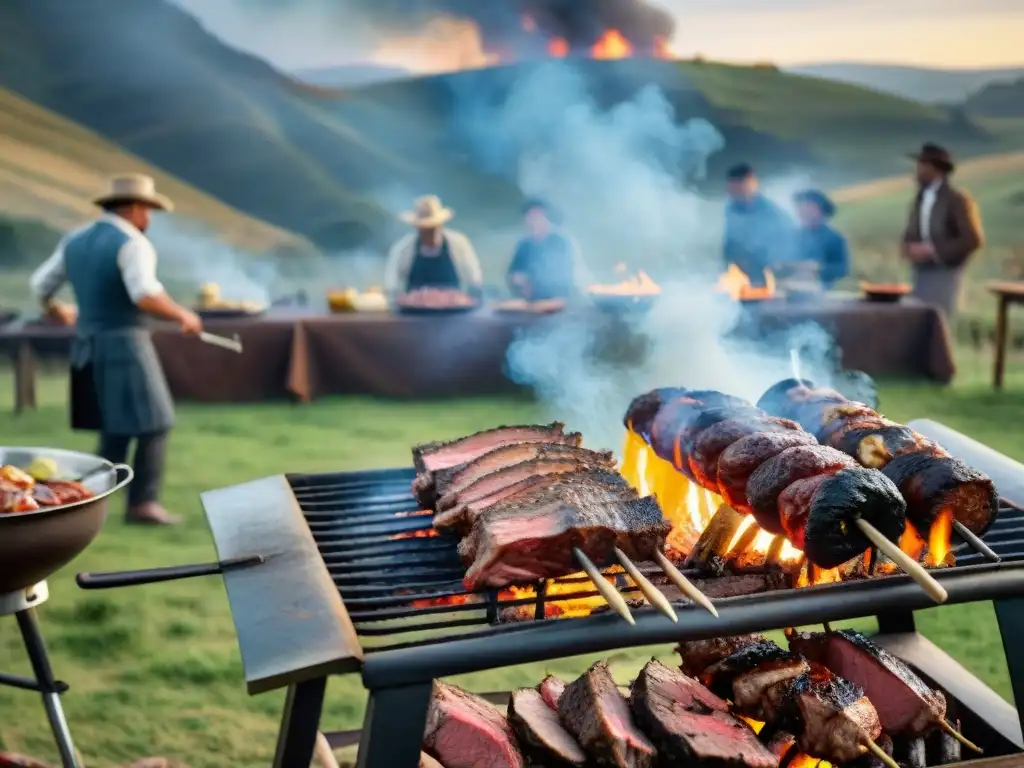 Escena de asado uruguayo con amigos reunidos alrededor de la parrilla, en un entorno campestre rústico