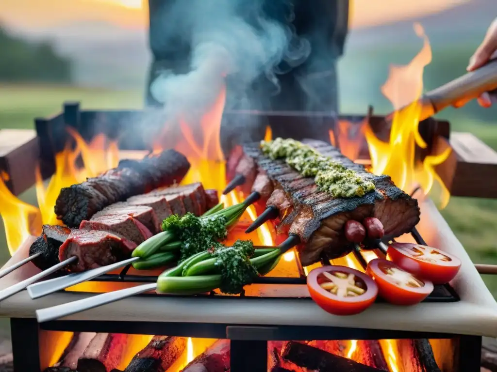 Una escena de asado uruguayo con amigos y familia disfrutando de un festín alrededor de la parrilla