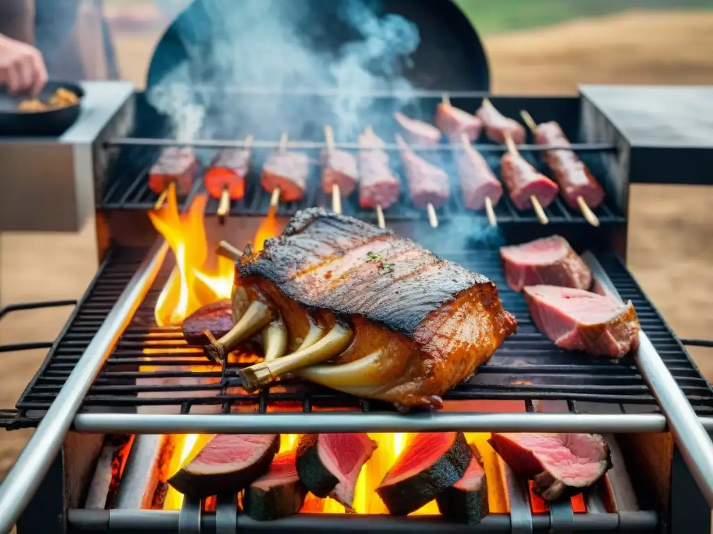 Escena de asado uruguayo ancestral con la familia reunida alrededor de la parrilla, en la hora dorada