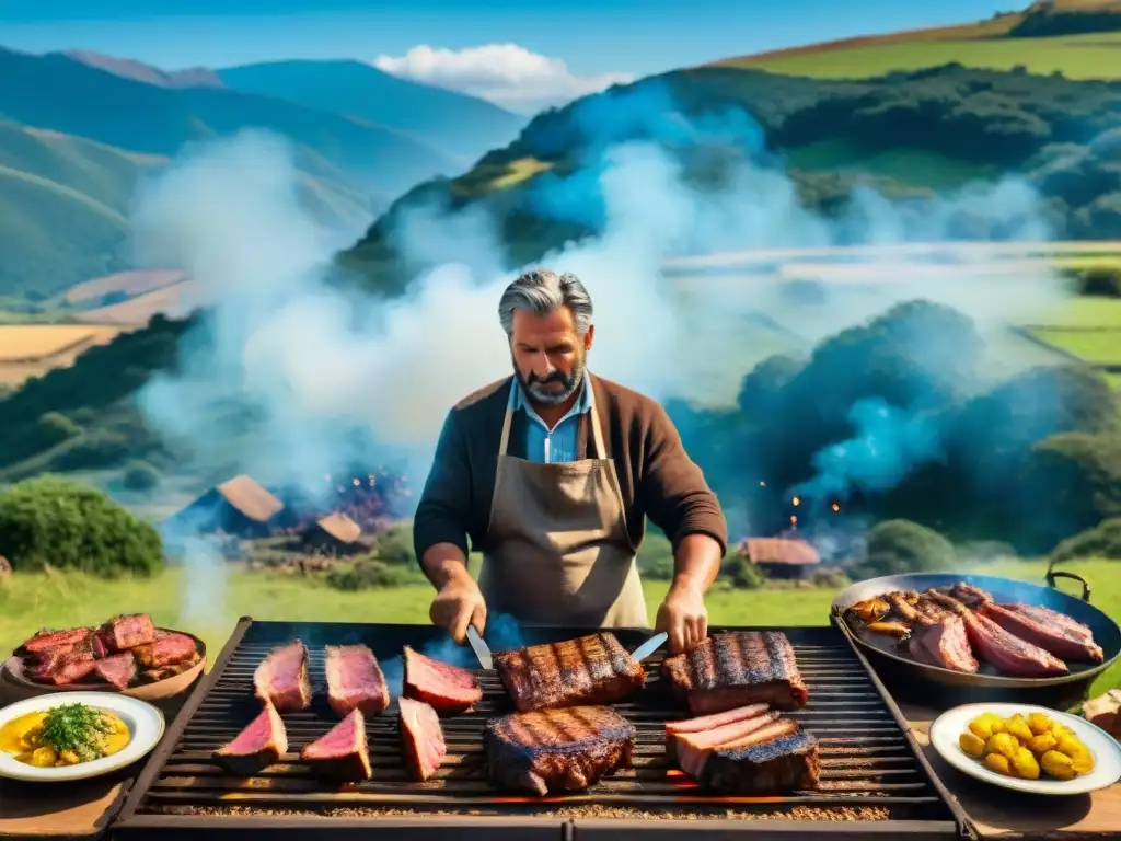 Escena de asado uruguayo con evolución histórica del asado uruguayo