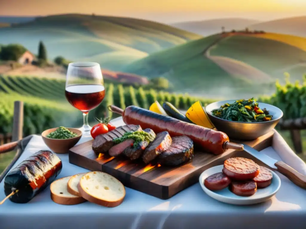 Una escena de asado uruguayo al atardecer con amigos y familia disfrutando, maridaje vinos asado Uruguay