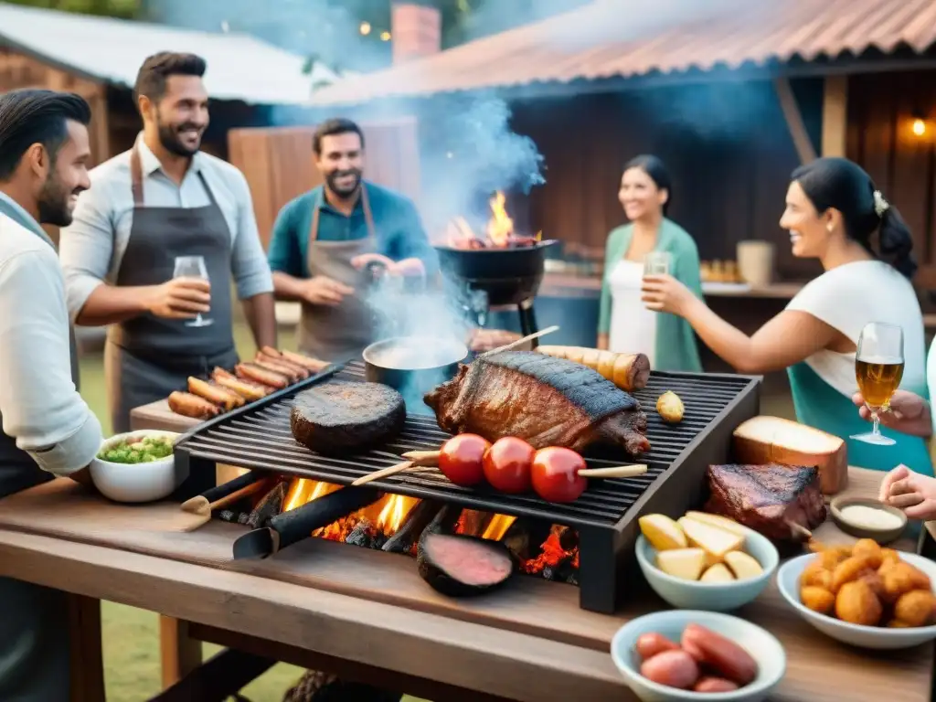 Una escena de asado uruguayo con bebidas fermentadas, amigos y familia alrededor de la parrilla