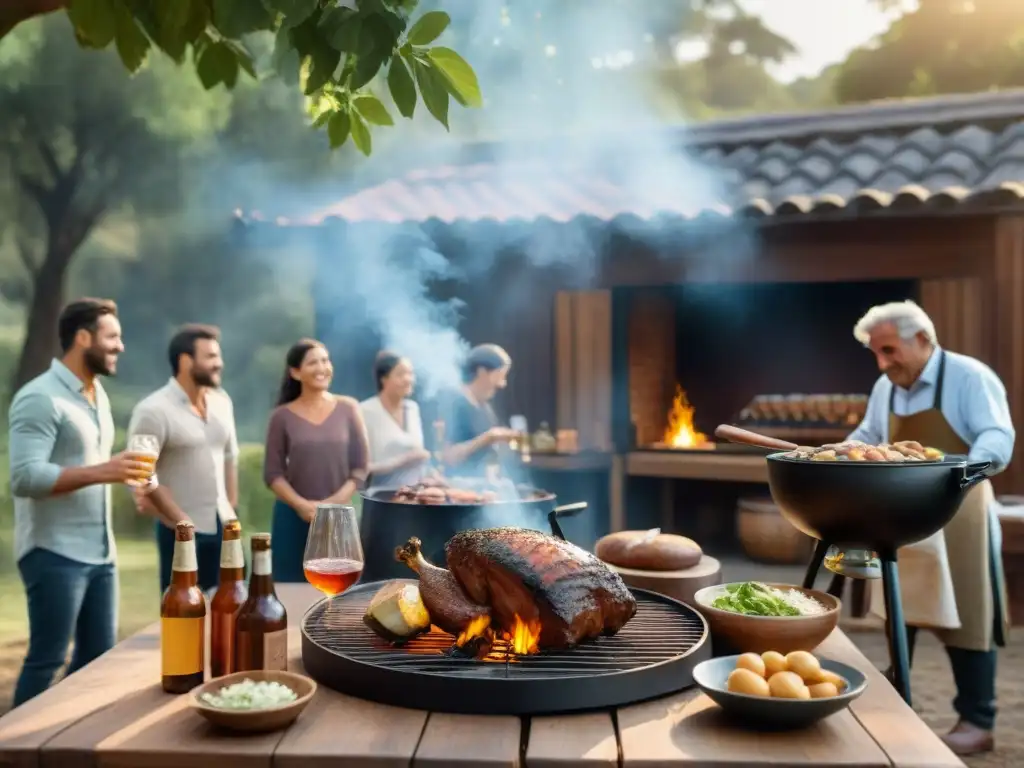 Una escena de asado uruguayo con bebidas fermentadas, amigos y familia disfrutando de una comida al aire libre