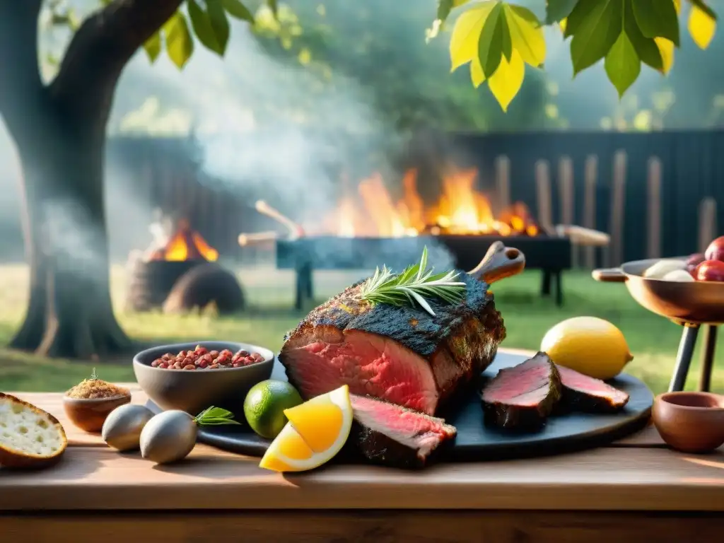 Una escena de asado uruguayo con bebidas fermentadas en una mesa de madera rustica bajo un árbol frondoso, resplandeciendo en luz dorada