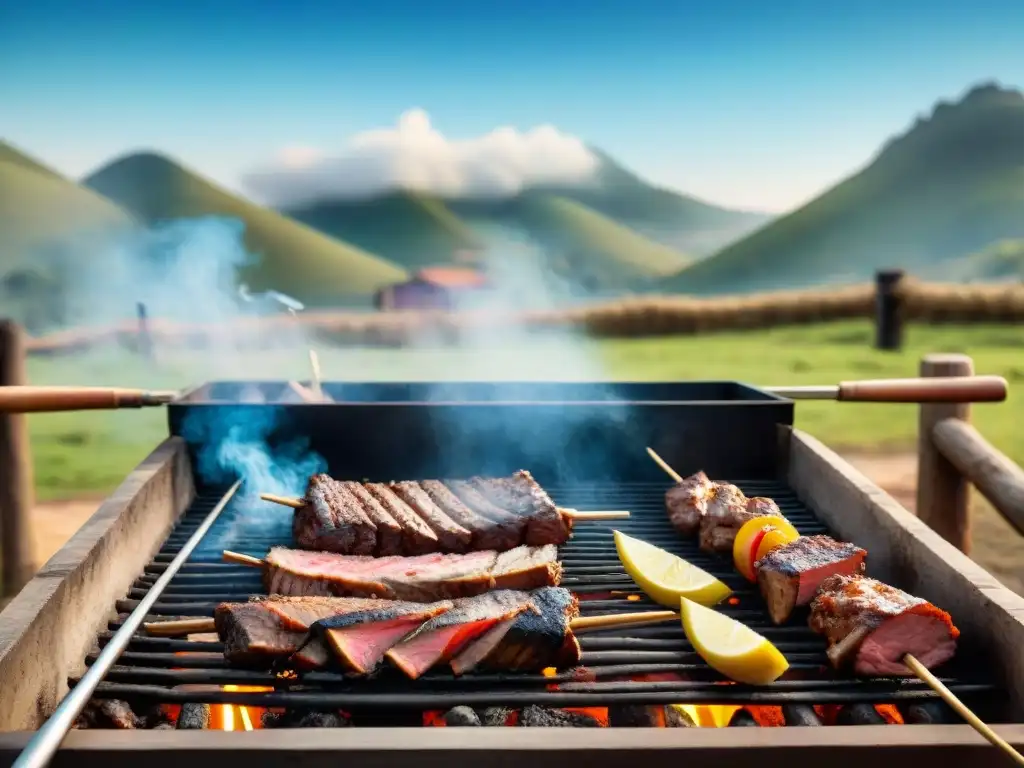 Una escena de asado uruguayo en el campo, con gauchos, amigos y familia disfrutando juntos