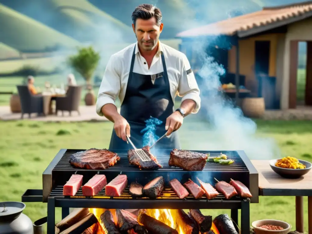 Escena de asado uruguayo en el campo, persona experta asando carne a la parrilla