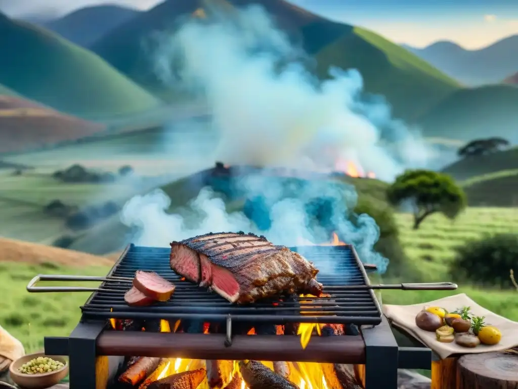 Escena de asado uruguayo en el campo, gauchos cocinando carne en una parrilla rodeada de naturaleza