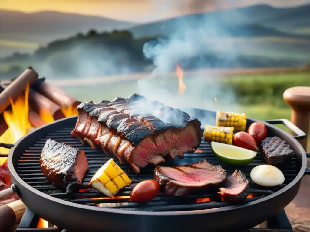 Una escena de asado uruguayo con gauchos, carne sizzling en la parrilla de piedra, en el campo