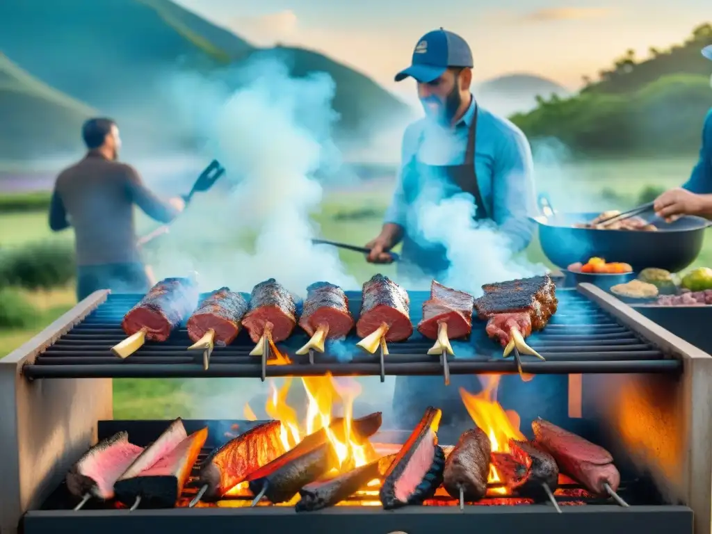 Escena de asado uruguayo con carne de canguro, gente diversa disfrutando alrededor de la parrilla en el campo, atmósfera festiva y deliciosa