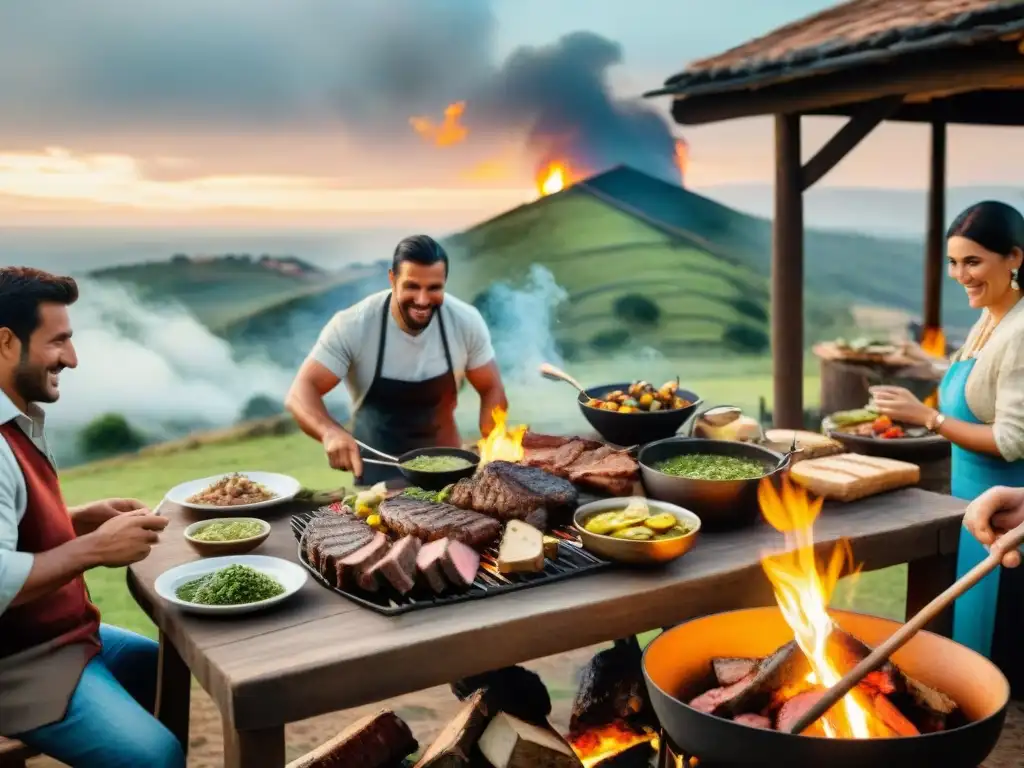 Una escena de asado uruguayo con gauchos preparando carne a la parrilla en el campo al atardecer