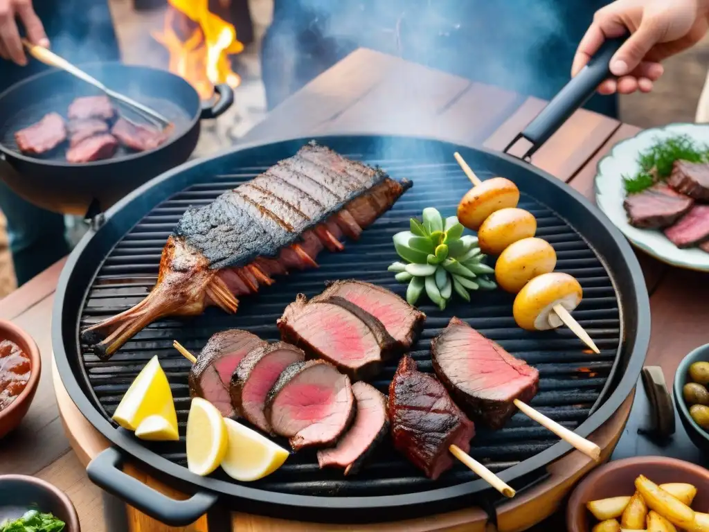 Escena de asado uruguayo con carnes exóticas en parrilla