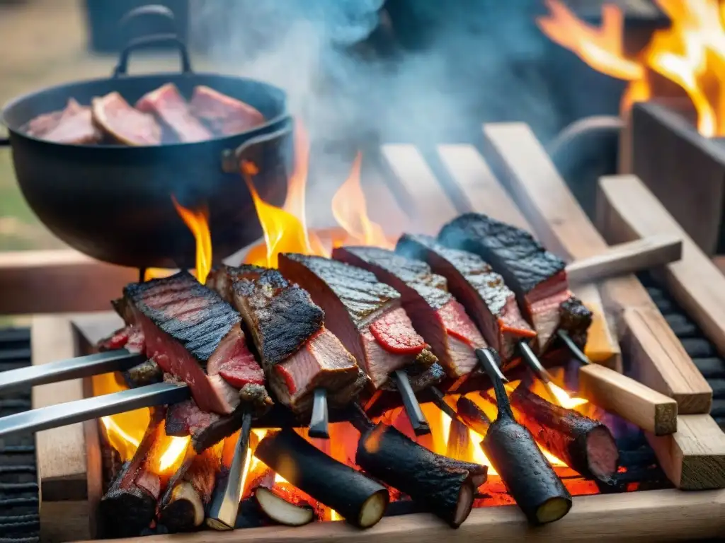 Escena de asado uruguayo casero con técnica ahumado, carne sizzling, llamas y humo aromático en entorno rústico