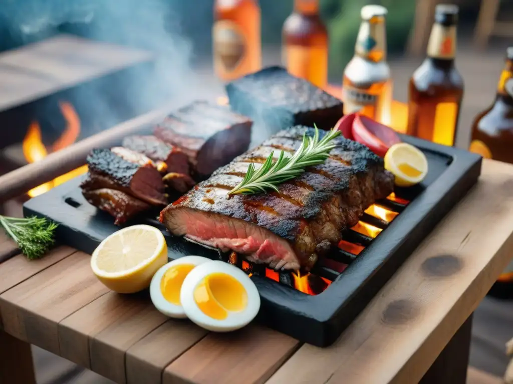 Escena de asado uruguayo con cervezas artesanales y amigos junto a la parrilla