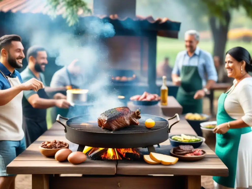 Una escena de asado uruguayo en el cine: amigos y familia disfrutan de una parrillada al aire libre con carne y humo, bajo el sol