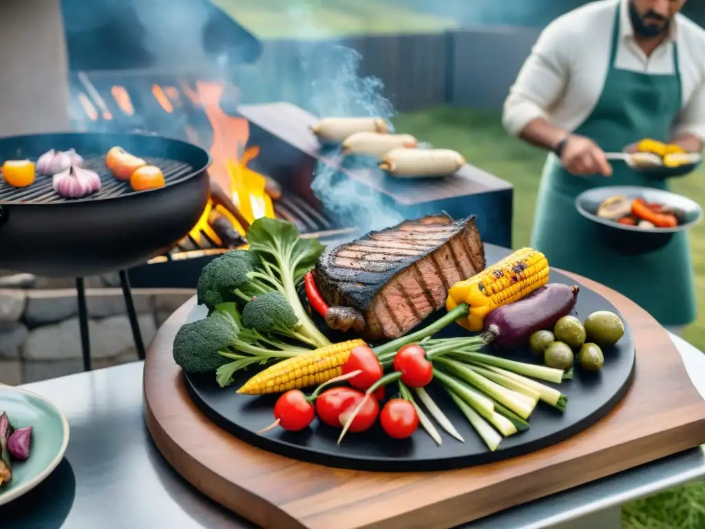 Una escena de asado uruguayo con conciencia: verduras a la parrilla y amigos disfrutando en un día soleado