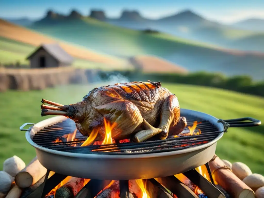 Escena de asado uruguayo con cordero entero dorado al fuego, evocando técnicas asado cordero uruguayo en hermoso entorno campestre