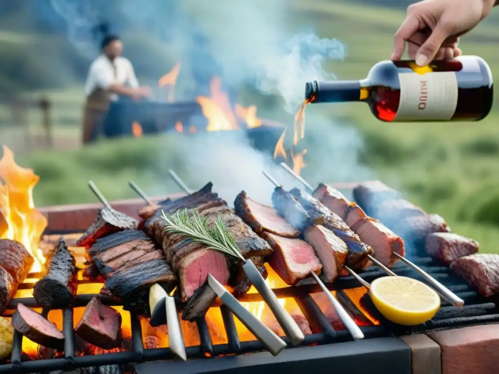 Escena de asado uruguayo con cortes de carne variados sobre la parrilla y condimentos uruguayos