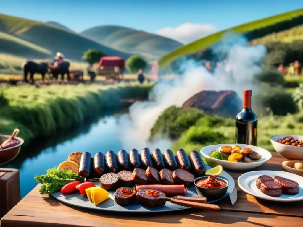 Una escena de asado uruguayo con cortes de carne, chorizos y verduras en una mesa de madera rústica, rodeada de personas en un paisaje campestre