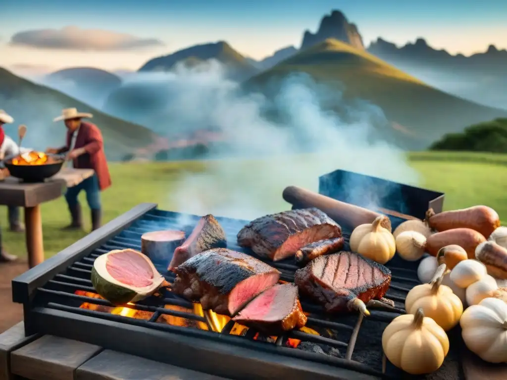 Escena de preparación de asado uruguayo con cortes de carne variados en una parrilla grande sobre brasas calientes