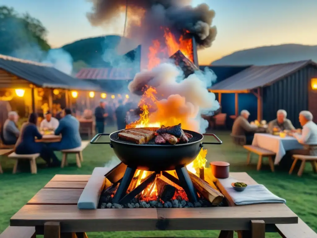 Escena de asado uruguayo en crisis: resiliencia, creatividad y comunidad alrededor del fuego al atardecer