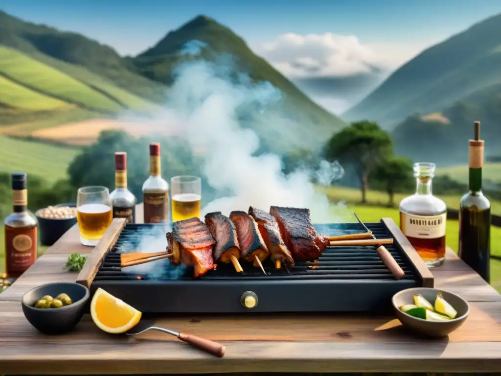 Escena de asado uruguayo con destilados locales y maridaje, en un ambiente familiar y campestre