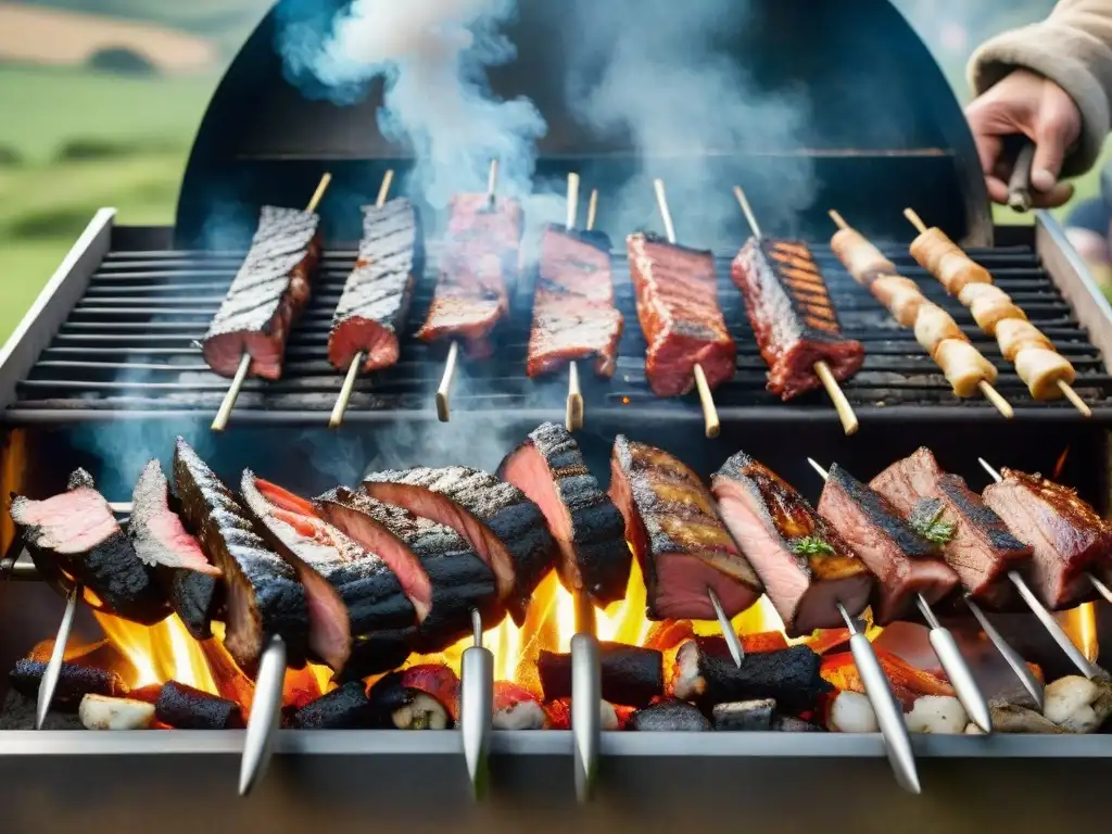 Una escena de asado uruguayo detallada y realista, con variedad de carnes asándose sobre brasas, gente disfrutando y paisaje campestre