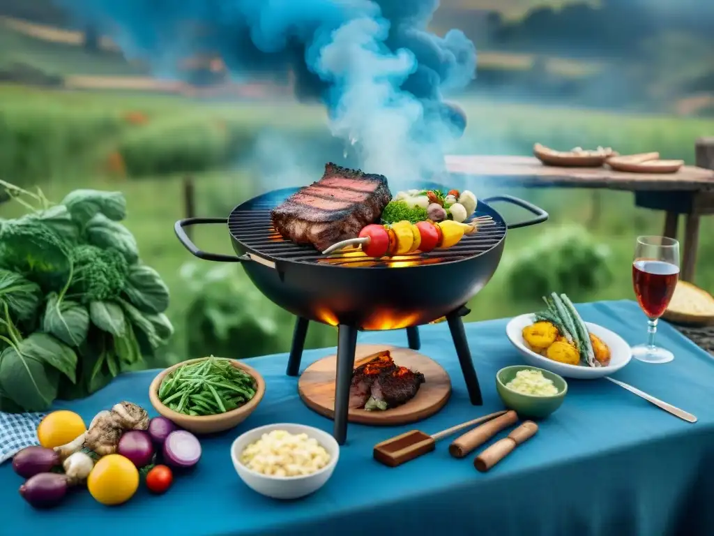 Una escena de asado uruguayo ecoamigable en el campo, con amigos y familia disfrutando de una comida deliciosa y sostenible