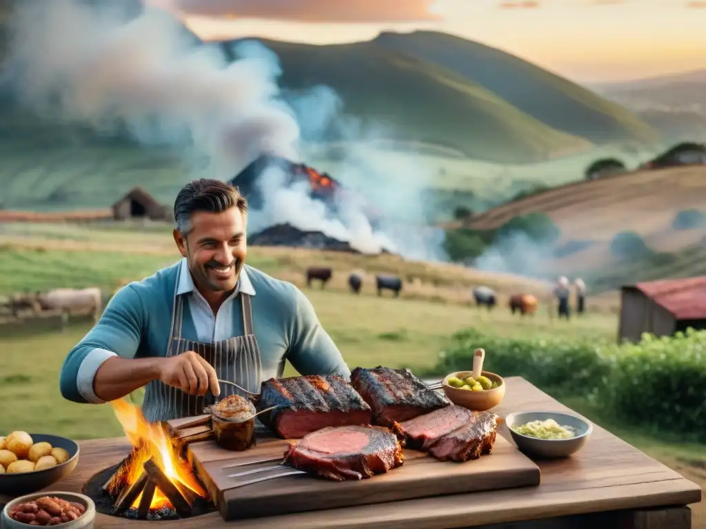 Una escena de asado uruguayo en un entorno campestre, amigos y familia disfrutando, identidad nacional y tradición culinaria