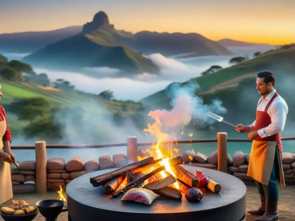 Una escena de asado uruguayo capturando la esencia y camaradería de los gauchos, influencias en el sabor uruguayo