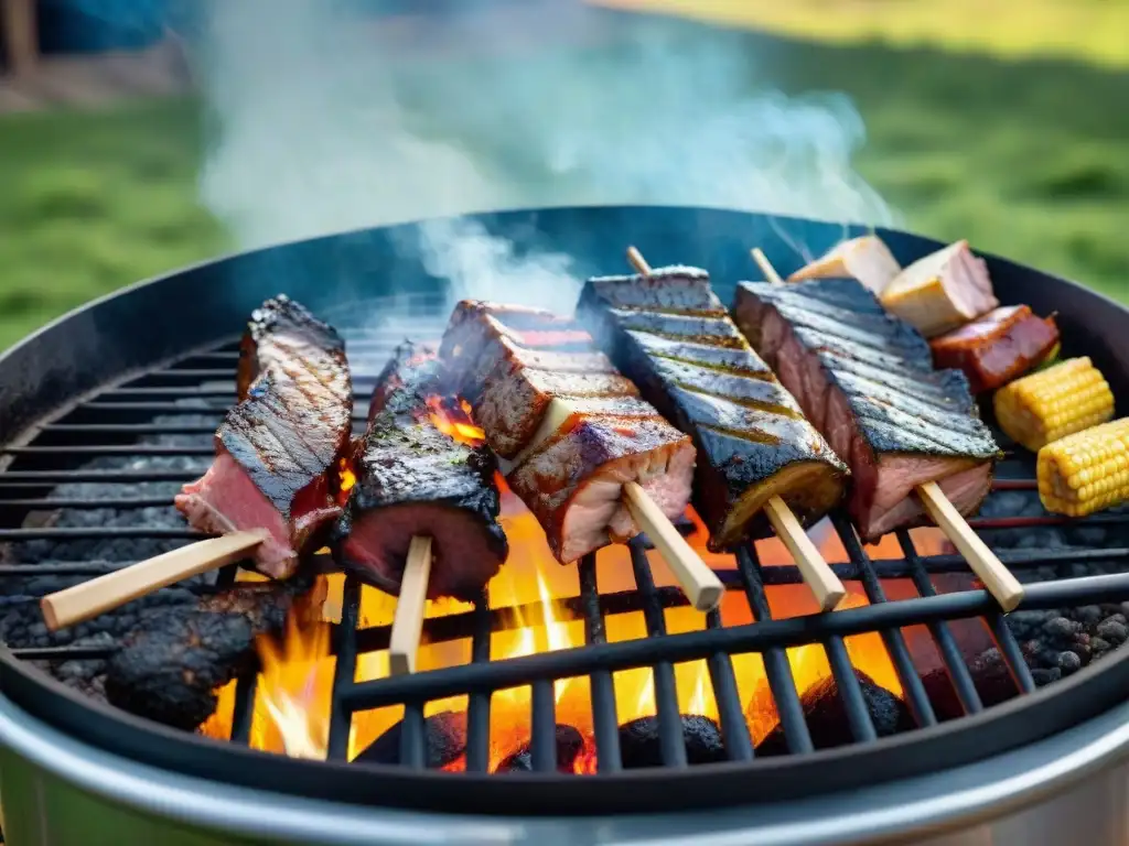 Una escena de asado uruguayo con estilo único en el campo, donde las carnes sizzling se cocinan sobre brasas calientes