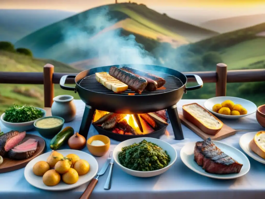 Una escena de asado uruguayo famoso con amigos y familiares en el campo al atardecer